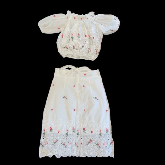 H&M Girl's Embroidered Floral Eyelet Boho Crop Top & Skirt Set NWT - Picture 2 of 11